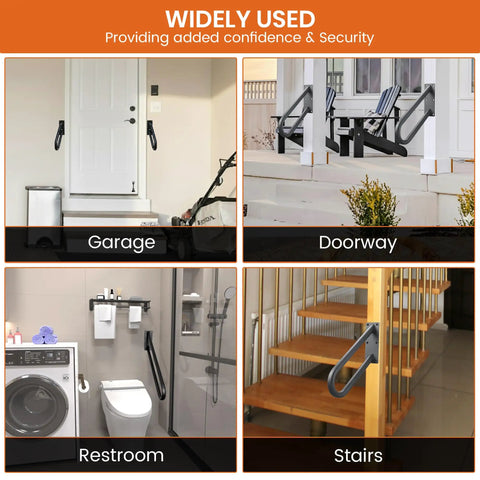 Collage of Heavy Duty Wall Mount Handrail for Stairs and Decks, Black Steel 18 Inch Rail shown in garage, doorway, restroom, stairs