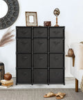 Room with DIY Cube Organizer Shelf With 12 Fabric Storage Cubes Sturdy Steel Frame next to chair and decorations.