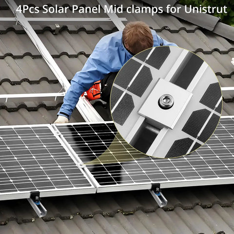 4 Piece Solar Panel Mid Clamps For Standard Unistrut 30mm 35mm Silver Easy Install on roof with secure mounting