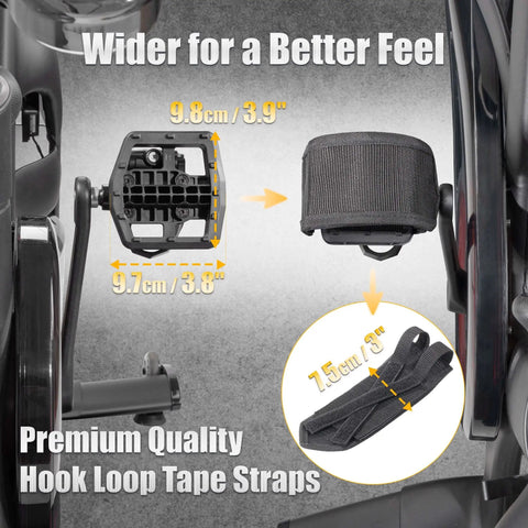 Strap In Platform Pedals For Peloton Bikes And Regular Shoes With Extra Wide Platform And Anti Slip Grips with dimensions shown.