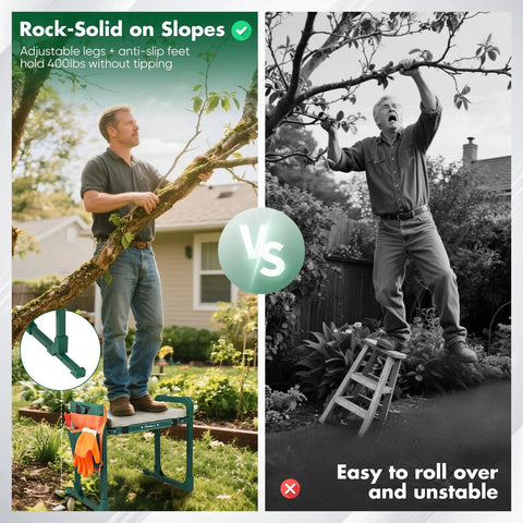 Man using Garden Kneeler And Seat For Easy Potting, Weeding And Outdoor Tasks, Heavy Duty Foldable Stool With 10 Inch Thick Pad, comparing stability with ladder in garden setting.