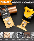 55 Piece Titanium Oscillating Tool Blades Set For Metal Wood Plastic Pro Grade Universal Blades With Japanese Teeth For Fast Smooth Cuts Compatible With Dewalt Milwaukee Ryobi Fein Rockwell And More shown with saw and materials