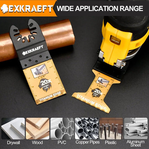 55 Piece Titanium Oscillating Tool Blades Set For Metal Wood Plastic Pro Grade Universal Blades With Japanese Teeth For Fast Smooth Cuts Compatible With Dewalt Milwaukee Ryobi Fein Rockwell And More shown with saw and materials