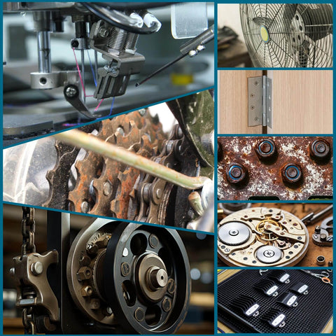 Various mechanical parts and hinges illustrating uses for Door Lock And Hinge Lubricant Oil With Needle Oiler For Squeaky Keyholes And Hinges No More Squeaks Easy Quick Fix Long Lasting Lubrication To Stop Noise Prevent Rust Precise Application 1 Oz.