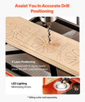 Heavy Duty 12 Inch Benchtop Drill Press With 1 HP Motor, 6.2 Amp, Variable Speed From 530 To 3140 RPM, 0 To 45 Degree Tilting Table, Laser And LED Light, A Real Workhorse For Wood And Light Metal Projects, showing laser guide on wood