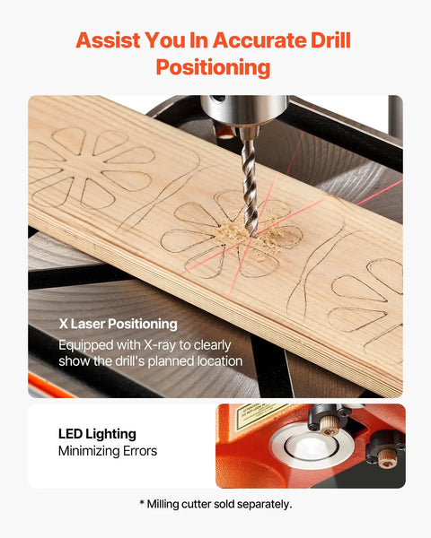 Heavy Duty 12 Inch Benchtop Drill Press With 1 HP Motor, 6.2 Amp, Variable Speed From 530 To 3140 RPM, 0 To 45 Degree Tilting Table, Laser And LED Light, A Real Workhorse For Wood And Light Metal Projects, showing laser guide on wood