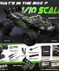 Product box contents of Brushless 1/10 Scale RC Car For Adults With 4x4 All Terrain Off Road Beast, Waterproof Monster Truck, 60 KPH.