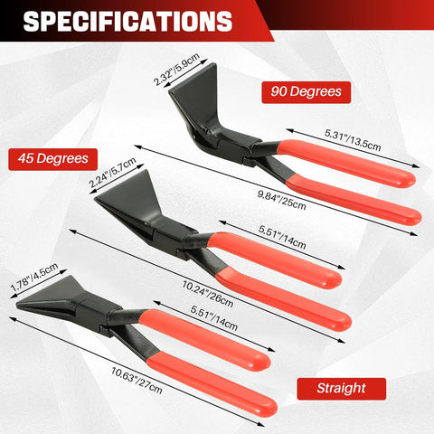 Three-piece DASBET hand seamers set with black metal bodies and red handles for straight and 45°/90° sheet metal bending