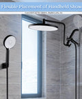 High Pressure Rainfall Shower Head With Handheld Combo Kit in matte black with 12-inch arm and adjustable brass holder