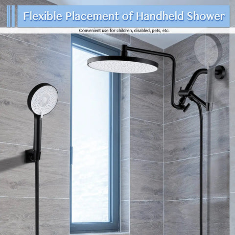 High Pressure Rainfall Shower Head With Handheld Combo Kit in matte black with 12-inch arm and adjustable brass holder