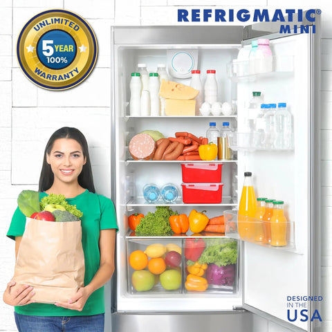 Open fridge with various groceries, woman holding shopping bag next to it, showcasing Fridge Voltage And Surge Protector For Fridges Up To 27 Cu Ft With 303 Joule Capacity Automatic Shutoff At 140 VAC And 90 VAC Shields Against High And Low Voltage Brownouts Spikes.
