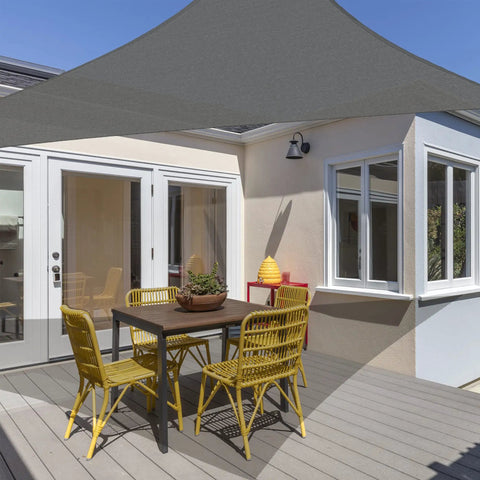 Triangle Sun Shade Sail 16 Foot By 16 Foot By 22.64 Foot UV Block Canopy in graphite over patio with outdoor furniture