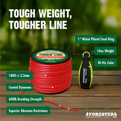 Throw Line Kit With Cordura Throw Weight And 180Ft Dyneema Rope, abrasion resistant low memory line displayed with specs