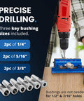 Self Centering Dowel Jig With Elongated Jaws And Extra Wide Clamp For Fast Accurate Woodworking, blue aluminum guide in use