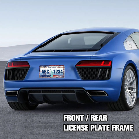 Rear view of a sports car with American Flag License Plate Frame Stainless Steel Holder With Screws Patriotic Style For Cars Trucks SUVs