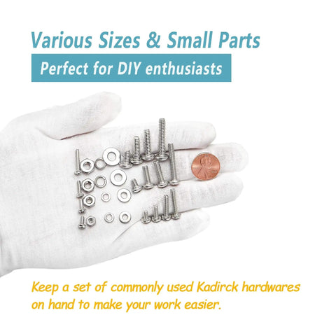 Hand holding 304 Stainless Steel Heavy Duty Screw Set With 920 Pieces Assorted Machine Screws And Nuts And Washers Kit From Kadrick.