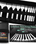 Leather Stitching Punch Set 10 Pcs Diamond Chisel Kit in storage bag, white steel with four prong hole punches in 4mm 5mm 6mm sizes.