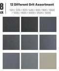 18 Piece Wet Dry Sandpaper Kit 120 To 3000 Grit assortment for metal, wood, automotive, and furniture, 12 different grits shown