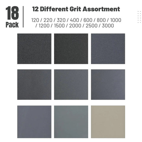 18 Piece Wet Dry Sandpaper Kit 120 To 3000 Grit assortment for metal, wood, automotive, and furniture, 12 different grits shown