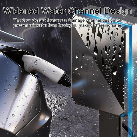 EV Charger Protector Box Pedestal Stand Delivers Badass Weather Proof Security Via Thick Galvanized Steel Heavy Duty Build As Waterproof Enclosure With Combo Lock Fits Most Charging Units Shields From Rain Impact Thieves Damage showing widened water channel design.