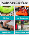 Collage of air hose, air compressor, air nail gun, and high-pressure washer with one quarter inch NPT A style coupler and plug kit.