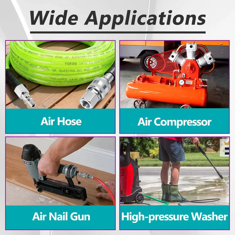 Collage of air hose, air compressor, air nail gun, and high-pressure washer with one quarter inch NPT A style coupler and plug kit.