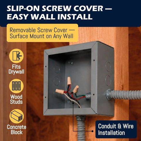 Rock Solid Carbon Steel Junction Box 6 X 6 X 4 Inches With Screw Cover Wall Mount Electrical Enclosure showing wire connections and easy installation.