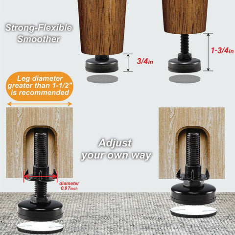 Rock Solid Adjustable Furniture Leveling Feet 3/8 Inch By 16 Thread Holds 1320 Lbs With T Nut Kit showing different height adjustments and leg diameter.