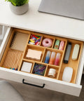 Expandable Bamboo Drawer Organizer Set With 10 Adjustable Compartments And 2 Sliding Extensions, fits office supplies in desk drawer