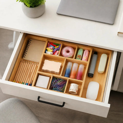 Expandable Bamboo Drawer Organizer Set With 10 Adjustable Compartments And 2 Sliding Extensions, fits office supplies in desk drawer