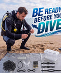 Save-A-Dive Kit For Scuba Gear Repair on beach with diver