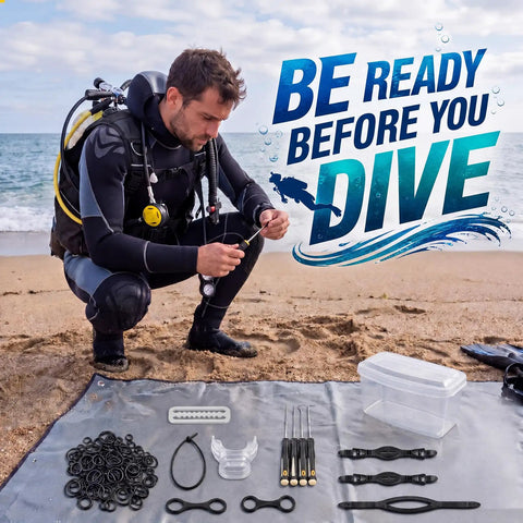 Save-A-Dive Kit For Scuba Gear Repair on beach with diver