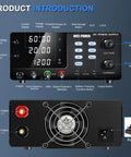 60V 20A DC Power Supply For Battery Charging Beefy Power Bench Regulated Adjustable Switching Supply With OCP Memory Storage Output Switch And Lock Button For Lead Acid Lithium Ion And LiFePO4 Batteries front panel and rear fan view