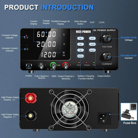 60V 20A DC Power Supply For Battery Charging Beefy Power Bench Regulated Adjustable Switching Supply With OCP Memory Storage Output Switch And Lock Button For Lead Acid Lithium Ion And LiFePO4 Batteries front panel and rear fan view