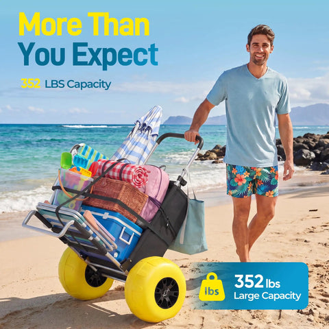 Heavy Duty Beach Wagon With 13 Inch Solid TPU Wheels, 352 Lb Capacity, Foldable Aluminum Wagon Dolly, Quick Fold