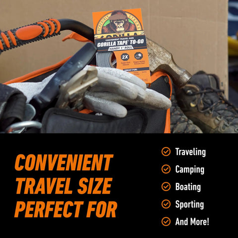 Mini Duct Tape To Go Travel Size 1 Inch By 10 Yards Black Pack Of 2 displayed with camping gear and tools