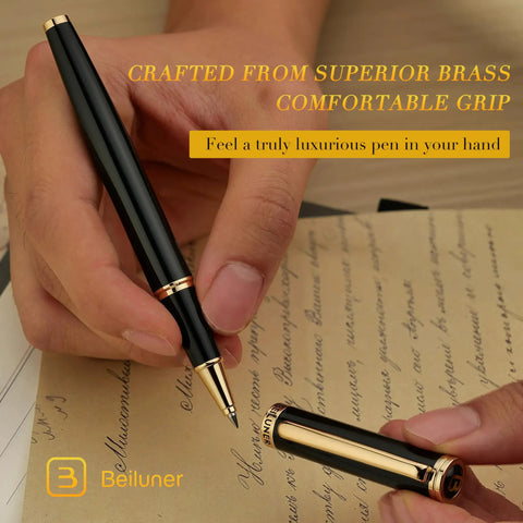 Luxurious Rollerball Pen With 24K Gold Trim And Schneider Ink Refill Gift Set held in hand, showing elegant writing on paper.