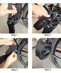 Step-by-step installation of one pair bike pedal straps toe clips with adjustable grippy anti slip tape on a bicycle pedal.