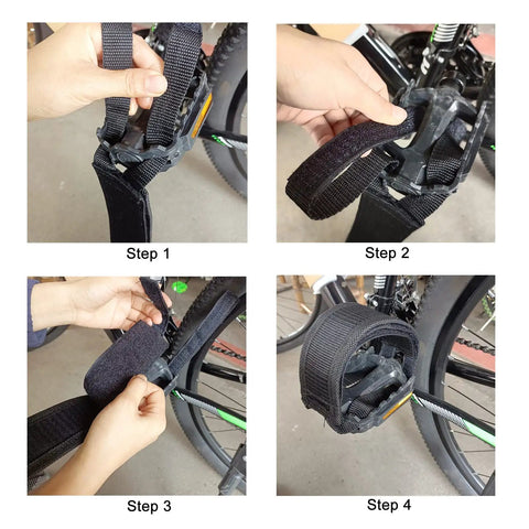Step-by-step installation of one pair bike pedal straps toe clips with adjustable grippy anti slip tape on a bicycle pedal.