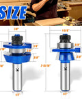 Two Piece Shaker Style Rail And Stile Router Bit Set With Half Inch Shank, detailed size dimensions