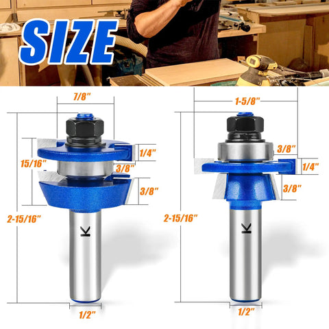 Two Piece Shaker Style Rail And Stile Router Bit Set With Half Inch Shank, detailed size dimensions
