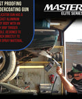 Heavy Duty Pneumatic Undercoating Spray Gun With Precision Regulator And 22 Inch Flexible Extension Wand in use, applying rust proofing under a truck.