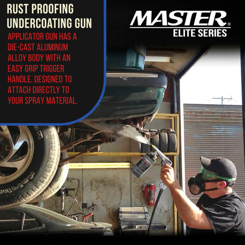 Heavy Duty Pneumatic Undercoating Spray Gun With Precision Regulator And 22 Inch Flexible Extension Wand in use, applying rust proofing under a truck.