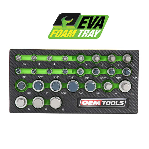 All In One Allen Socket Set 26 Piece For SAE And Metric Sizes displayed in EVA tray with clear size markings.