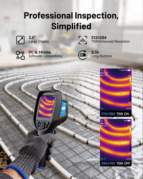 Thermal Imaging Handheld Camera For Pros With 256 By 192 Infrared Resolution Big Three Point Five Inch Display All Day Battery PC Analysis And Video Recording 64GB Storage High Resolution Heat Seeker Infrared Cam For Inspections in use on piping system with thermal display visible