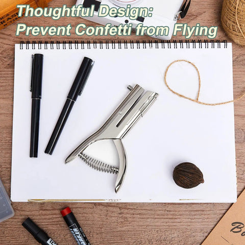 Heavy Duty One Hole Punch With Deep Throat Reach 2 Inch Long 1/8 Inch Hole Size on desk with notebook and pens