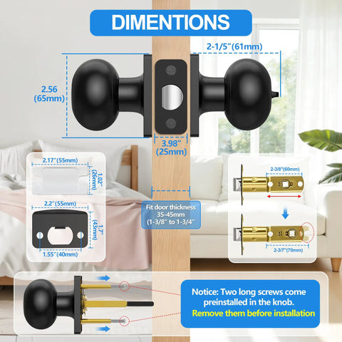 Dimensions and installation details of 10 Pack Matte Black Privacy Door Knobs With Keyless Interior Locks For Bedrooms And Bathrooms ANSI Grade 3.