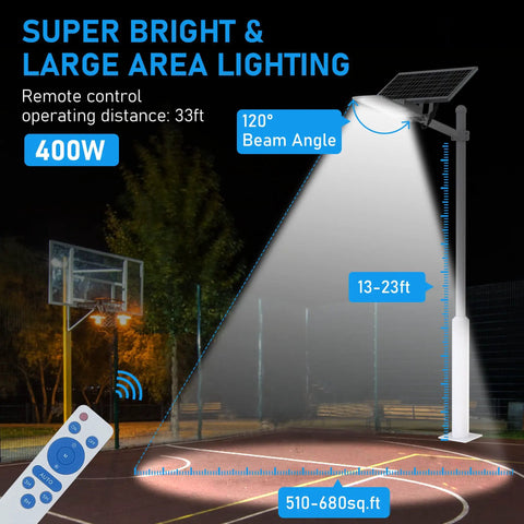 400W Solar LED Parking Lot Light 6500K Dusk To Dawn lighting area with remote, illuminating outdoor basketball court.