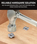 Heavy Duty 304 Stainless Steel T Nuts M6 X 9mm Four Prong Tee Nut Hardware For Wood Composites And Particle Board Rust Proof Fastener seen with hammer and wood backdrop.