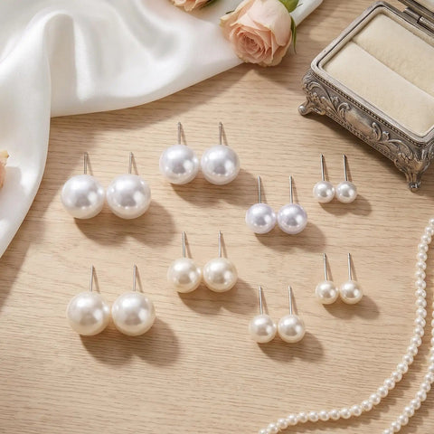 24 Pairs Pearl Stud Earrings Set For Women White And Beige Faux Pearl Studs In Four Sizes 4mm 6mm 8mm 10mm Round Ball Design Ideal For Everyday Wear Gift Idea, displayed in white and beige sizes